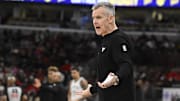 Dec 3, 2025; Chicago, Illinois, USA;  Chicago Bulls head coach Billy Donovan directs the team during the first half against the Brooklyn Nets at the United Center. Mandatory Credit: Matt Marton-Imagn Images