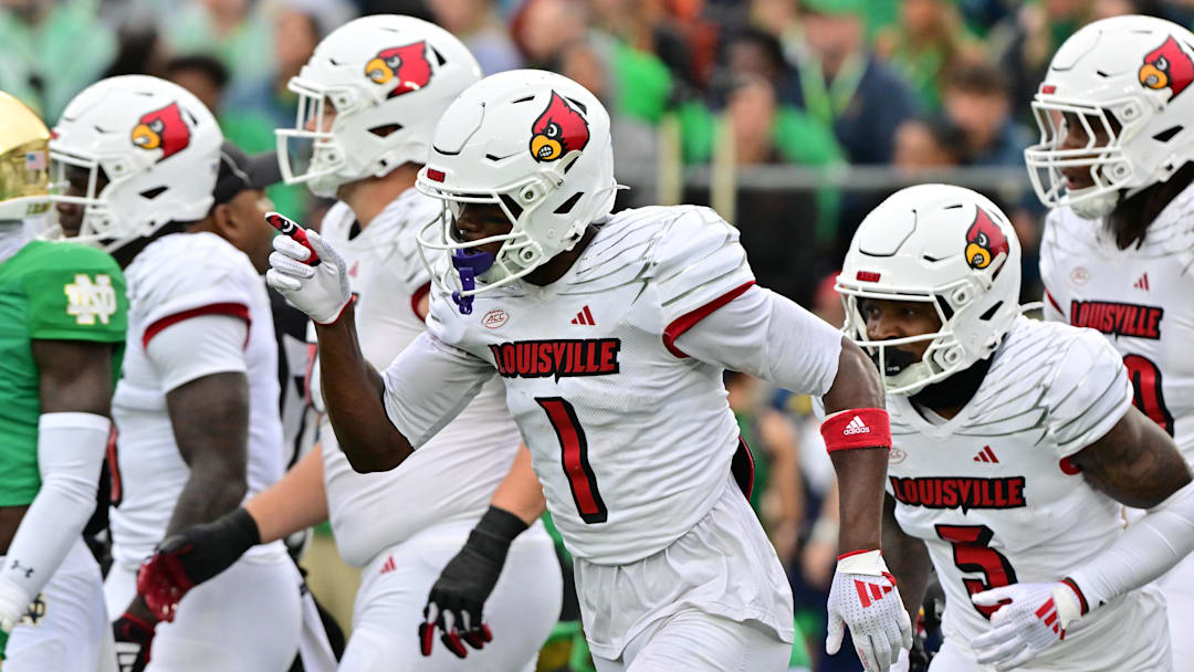 Sep 28, 2024; South Bend, Indiana, USA; Louisville Cardinals wide receiver Ja'Corey Brooks (1) celebrates after a touchdown catch against the Notre Dame Fighting Irish in the second quarter at Notre Dame Stadium. Mandatory Credit: Matt Cashore-Imagn Images