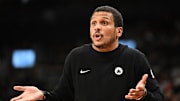 Oct 10, 2025; Toronto, Ontario, CAN;  Boston Celtics head coach Joe Mazzulla gestures as he speaks with game officials in the second half against the Toronto Raptors at Scotiabank Arena. Mandatory Credit: Dan Hamilton-Imagn Images