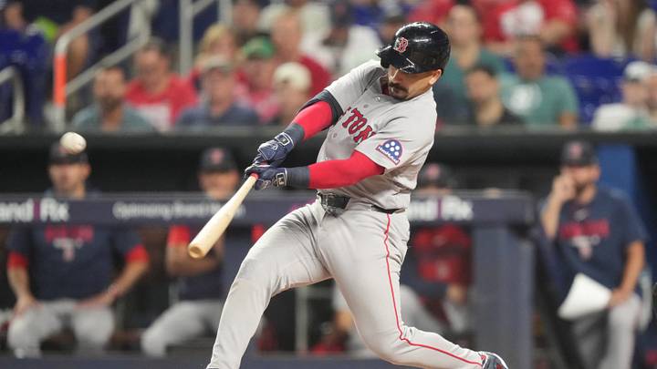 Aug 25, 2026; Miami, Florida, USA;  Boston Red Sox designated hitter Mickey Gasper (30) hits a solo home run in the second inning against the Miami Marlins at loanDepot Park.  Mandatory Credit: Jim Rassol-Imagn Images