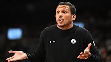 Oct 10, 2025; Toronto, Ontario, CAN;  Boston Celtics head coach Joe Mazzulla gestures as he speaks with game officials in the second half against the Toronto Raptors at Scotiabank Arena. Mandatory Credit: Dan Hamilton-Imagn Images