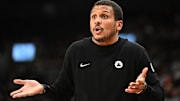 Oct 10, 2025; Toronto, Ontario, CAN;  Boston Celtics head coach Joe Mazzulla gestures as he speaks with game officials in the second half against the Toronto Raptors at Scotiabank Arena. Mandatory Credit: Dan Hamilton-Imagn Images
