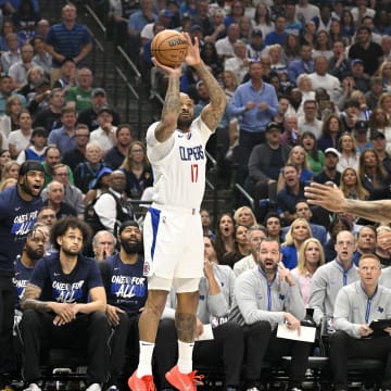 May 3, 2024; Dallas, Texas, USA; LA Clippers forward P.J. Tucker (17) makes a three point shot against the Dallas Mavericks during the first quarter during game six of the first round for the 2024 NBA playoffs at American Airlines Center. 