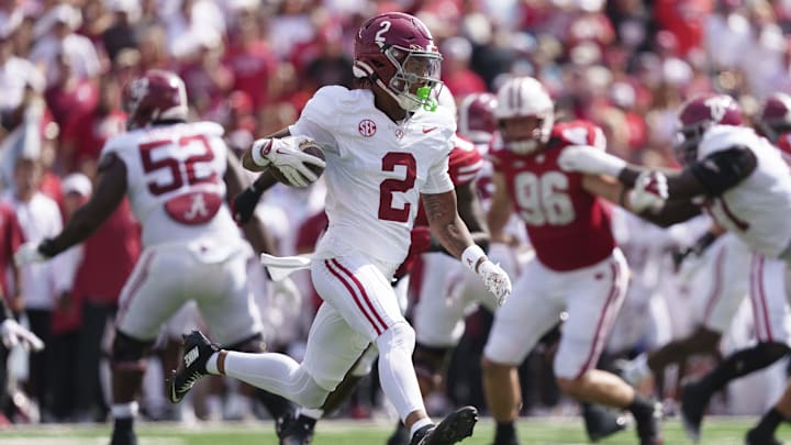 Sep 14, 2024; Madison, Wisconsin, USA;  Alabama Crimson Tide wide receiver Ryan Williams (2) during the game against the Wisconsin Badgers at Camp Randall Stadium. Mandatory Credit: Jeff Hanisch-Imagn Images