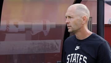 Jun 8, 2024; Landover, Maryland, USA; United States head coach Gregg Berhalter stands at the bench prior to the friendly against Colombia at Commanders Field. Mandatory Credit: Geoff Burke-USA TODAY Sports