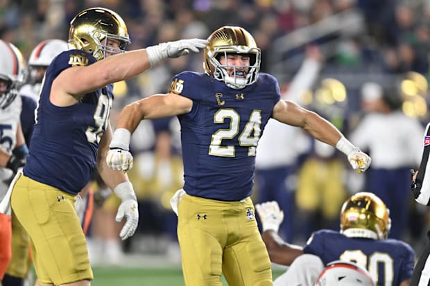Notre Dame Fighting Irish linebacker Jack Kiser (24) celebrates after a sack.