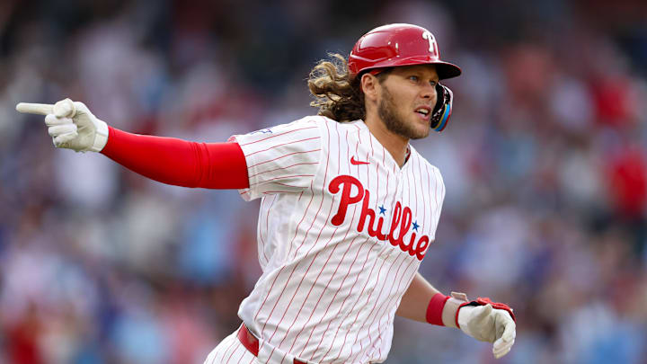 Mar 26, 2026; Philadelphia, Pennsylvania, USA; Philadelphia Phillies third baseman Alec Bohm (28) reacts after hitting a three RBI home run against the Texas Rangers during the fifth inning at Citizens Bank Park. Mandatory Credit: Bill Streicher-Imagn Images