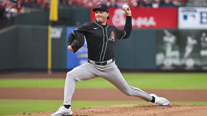 Apr 23, 2024; St. Louis, Missouri, USA;  Arizona Diamondbacks starting pitcher Tommy Henry (47) pitches against the St. Louis Cardinals during the first inning at Busch Stadium. Mandatory Credit: Jeff Curry-USA TODAY Sports