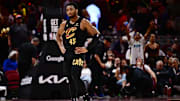 May 13, 2025; Cleveland, Ohio, USA; Cleveland Cavaliers guard Donovan Mitchell (45) reacts during the second half of game five against the Indiana Pacers in the second round for the 2025 NBA Playoffs at Rocket Arena. Mandatory Credit: Ken Blaze-Imagn Images