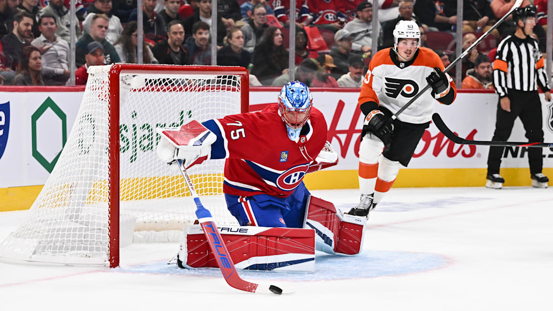 Jakub Dobes in goal for a preseason game between the Philadelphia Flyers and the Montreal Canadiens