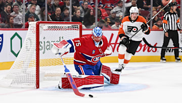 Jakub Dobes in goal for a preseason game between the Philadelphia Flyers and the Montreal Canadiens