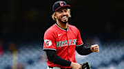 Apr 26, 2025; Cleveland, Ohio, USA; Cleveland Guardians shortstop Gabriel Arias (13) smiles before the game between the Guardians and the Boston Red Sox at Progressive Field. Mandatory Credit: Ken Blaze-Imagn Images