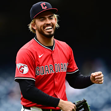 Apr 26, 2025; Cleveland, Ohio, USA; Cleveland Guardians shortstop Gabriel Arias (13) smiles before the game between the Guardians and the Boston Red Sox at Progressive Field. Mandatory Credit: Ken Blaze-Imagn Images