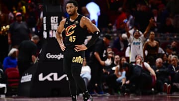 May 13, 2025; Cleveland, Ohio, USA; Cleveland Cavaliers guard Donovan Mitchell (45) reacts during the second half of game five against the Indiana Pacers in the second round for the 2025 NBA Playoffs at Rocket Arena. Mandatory Credit: Ken Blaze-Imagn Images