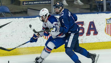 Feb 7, 2024; Plymouth, MI, USA; Finland's Niilopekka Muhonen (6) defends against USA s Shane Vansaghi (29) during the first period of the 2024 U18 s Five Nations Tournament at USA Hockey Arena. Mandatory Credit: David Reginek-Imagn Images