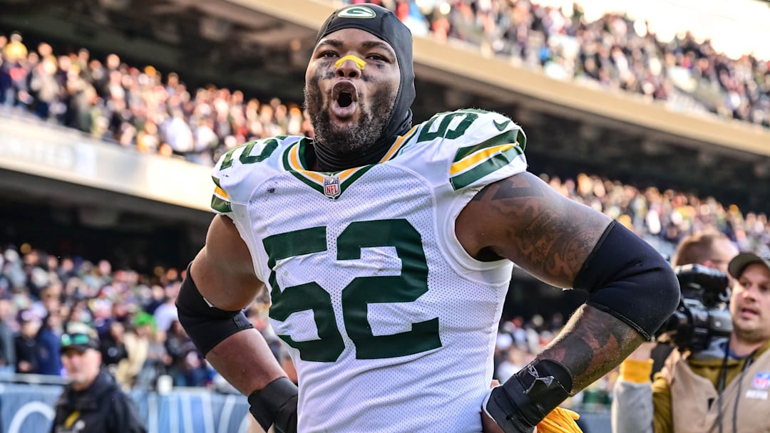 Green Bay Packers defensive end Rashan Gary celebrates after the game against the Chicago Bears at Soldier Field.