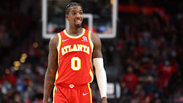 Hawks guard Delon Wright (0) during a game against the Trail Blazers. 