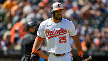 Sep 8, 2024; Baltimore, Maryland, USA; Baltimore Orioles outfielder Anthony Santander (25) looks on during the seventh inning against the Tampa Bay Rays at Oriole Park at Camden Yards. Mandatory Credit: Reggie Hildred-Imagn Images