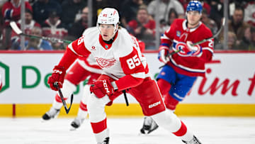 Elmer Soderblom (85) attacks the play during the contest between the Detroit Red Wings and Montreal Canadiens.