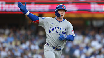 Apr 13, 2025; Los Angeles, California, USA; Chicago Cubs outfielder Pete Crow-Armstrong (4) celebrates as he rounds the bases after hitting a solo home run against the Los Angeles Dodgers during the seventh inning of the game at Dodger Stadium. 