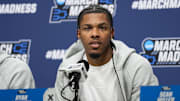 Mar 20, 2025; Milwaukee, WI, USA;  Xavier Musketeers guard Ryan Conwell (7) speaks during an NCAA Tournament First Round Practice press conference at Fiserv Forum.