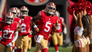 August 19, 2023; Santa Clara, California, USA; San Francisco 49ers quarterback Trey Lance (5) before the game against the Denver Broncos at Levi's Stadium.