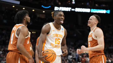 March 23, 2024, Charlotte, NC, USA; Tennessee Volunteers guard Jahmai Mashack (15) reacts against the Texas Longhorns in the second round of the 2024 NCAA Tournament at the Spectrum Center. Mandatory Credit: Bob Donnan-USA TODAY Sports