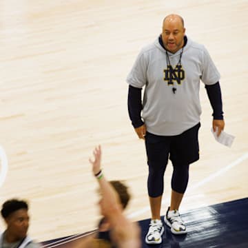 Notre Dame head coach Micah Shrewsberry leads a drill during an open practice at Rolfs Athletics Hall on Thursday, July 18, 2024, in South Bend.