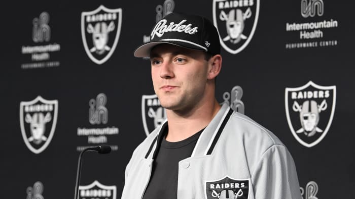 Apr 26, 2024; Henderson, NV, USA; Las Vegas Raiders tight end Brock Bowers speaks to the media at