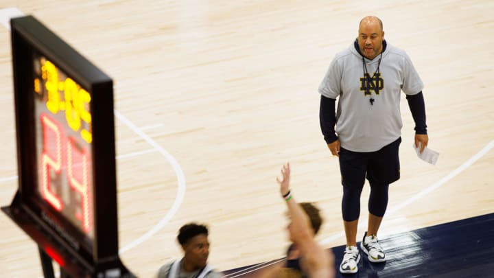 Notre Dame head coach Micah Shrewsberry leads a drill during an open practice at Rolfs Athletics Hall on Thursday, July 18, 2024, in South Bend.