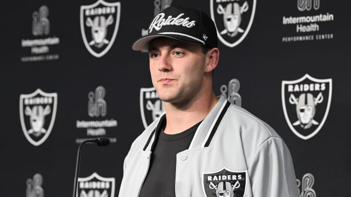 Apr 26, 2024; Henderson, NV, USA; Las Vegas Raiders tight end Brock Bowers speaks to the media at Intermountain Health Performance Center in Henderson, NV.  Mandatory Credit: Candice Ward-USA TODAY Sports