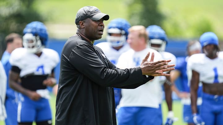 Kentucky running backs coach Jay Boulware coaches during practice Friday. August 2, 2024 in Lexington. Boley is a Lexington Christian graduate.