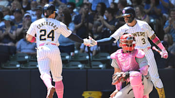 May 12, 2024; Milwaukee, Wisconsin, USA; Milwaukee Brewers third base Joey Ortiz (3) congratulates