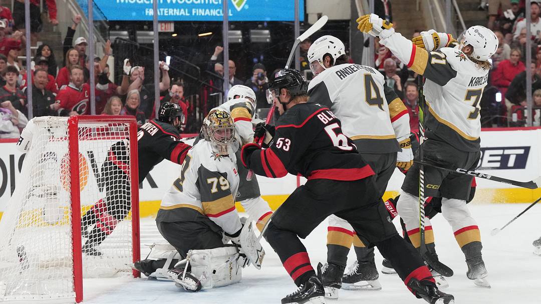 Jun 4, 2026; Raleigh, North Carolina, USA; Vegas Golden Knights right wing Cole Smith (22) scores against Vegas Golden Knights goaltender Carter Hart (79) and Vegas Golden Knights center William Karlsson (71) defenseman Rasmus Andersson (4) during the third period in game two of the 2026 Stanley Cup Final at Lenovo Center. Mandatory Credit: James Guillory-Imagn Images Jun 4, 2026; Raleigh, North Carolina, USA; Vegas Golden Knights right wing Cole Smith (22) scores against Vegas Golden Knights goaltender Carter Hart (79) and Vegas Golden Knights center William Karlsson (71) defenseman Rasmus Andersson (4) during the third period in game two of the 2026 Stanley Cup Final at Lenovo Center. Mandatory Credit: James Guillory-Imagn Images