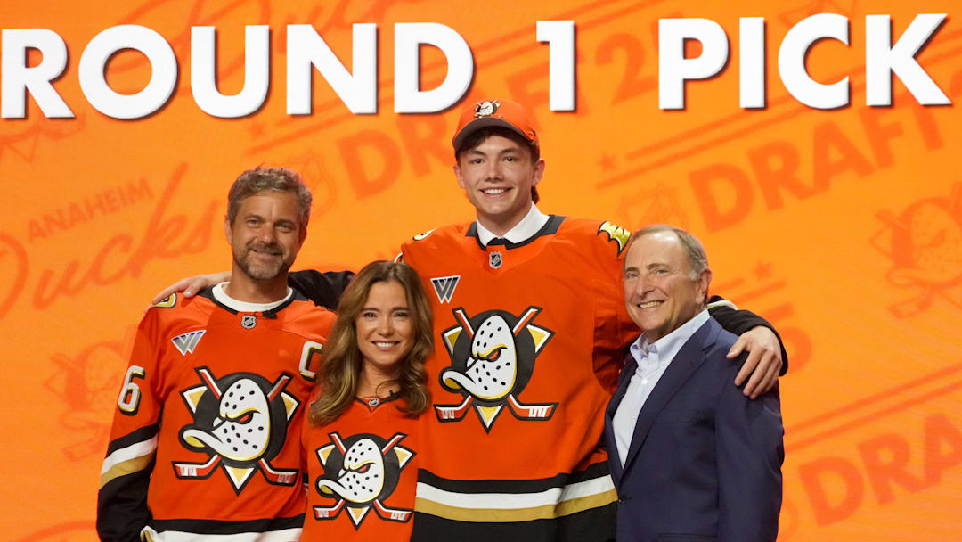 Jun 27, 2025; Los Angeles, California, USA; Roger McQueen is selected as the tenth overall pick to the Anaheim Ducks in the first round of the 2025 NHL Draft at Peacock Theater. Mandatory Credit: Kirby Lee-Imagn Images