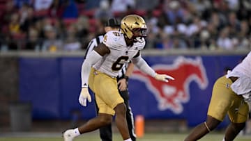 Nov 16, 2024; Dallas, Texas, USA; Boston College Eagles defensive end Donovan Ezeiruaku (6) in action during the game between the SMU Mustangs and the Boston College Eagles at Gerald J. Ford Stadium. Mandatory Credit: Jerome Miron-Imagn Images