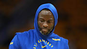 Apr 26, 2025; San Francisco, California, USA; Golden State Warriors forward Draymond Green (23) before game three of first round for the 2024 NBA Playoffs against the Houston Rockets at Chase Center. Mandatory Credit: Darren Yamashita-Imagn Images