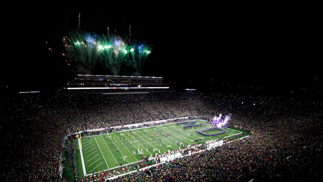 Notre Dame takes the field for the first round of the College Football Playoff between Notre Dame and Indiana at Notre Dame Stadium on Friday, Dec. 20, 2024, in South Bend.