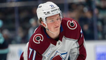 Oct 22, 2024; Seattle, Washington, USA;  Colorado Avalanche forward Calum Ritchie (71) is pictured before a game against the Seattle Kraken at Climate Pledge Arena. Mandatory Credit: Stephen Brashear-Imagn Images