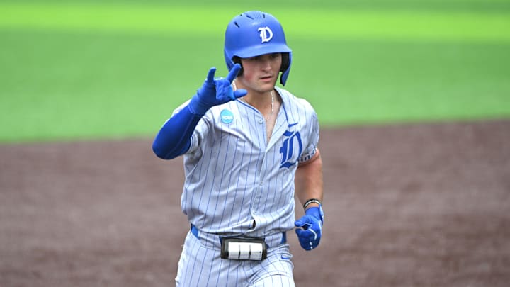 Jun 8, 2025; Durham, NC, USA; Duke Blue Devils catcher Macon Winslow (6) runs to home after hitting a home run in the sixth inning against the Murray State Racers during the Durham Super Regionals at Jack Coombs Field.  Mandatory Credit: Zachary Taft-Imagn Images