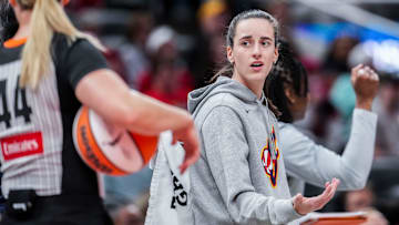 Indiana Fever Caitlin Clark (22) reacts to a call Saturday, May 3, 2025, during a preseason game between the Indiana Fever and the Washington Mystics at Gainbridge Fieldhouse in Indianapolis.