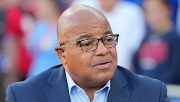 Jun 24, 2024; Eugene, OR, USA; NBC Sports broadcaster Mike Tirico during the US Olympic Team Trials at Hayward Field. Mandatory Credit: Kirby Lee-Imagn Images