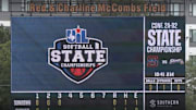 A view of the scoreboard at McCombs Field during the 2025 softball state championships in Austin.