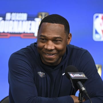 Dec 6, 2023; Las Vegas, NV, USA; New Orleans Pelicans head coach Willie Green addresses the media in a press conference during practice day prior to the In-Season Tournament semi-finals at T-Mobile Arena. 