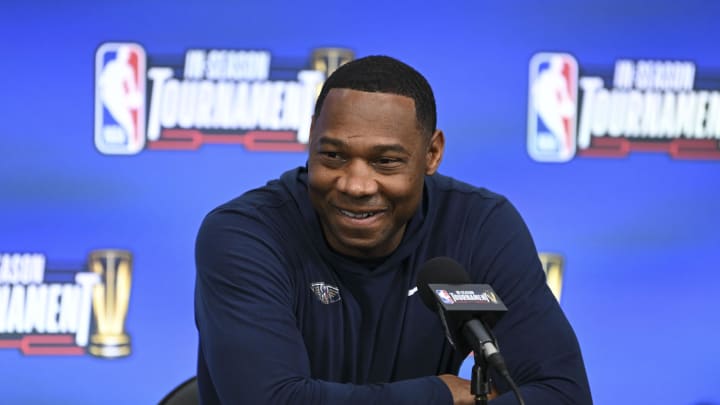 Dec 6, 2023; Las Vegas, NV, USA; New Orleans Pelicans head coach Willie Green addresses the media in a press conference during practice day prior to the In-Season Tournament semi-finals at T-Mobile Arena. 