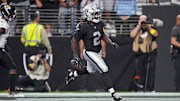 Nov 2, 2025; Paradise, Nevada, USA; Las Vegas Raiders running back Ashton Jeanty (2) celebrates after scoring a touchdown during the second half against the Jacksonville Jaguars at Allegiant Stadium. Mandatory Credit: Kirby Lee-Imagn Images