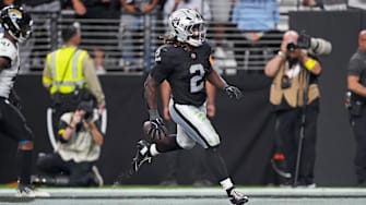 Nov 2, 2025; Paradise, Nevada, USA; Las Vegas Raiders running back Ashton Jeanty (2) celebrates after scoring a touchdown during the second half against the Jacksonville Jaguars at Allegiant Stadium. Mandatory Credit: Kirby Lee-Imagn Images