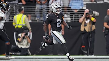 Nov 2, 2025; Paradise, Nevada, USA; Las Vegas Raiders running back Ashton Jeanty (2) celebrates after scoring a touchdown during the second half against the Jacksonville Jaguars at Allegiant Stadium. Mandatory Credit: Kirby Lee-Imagn Images