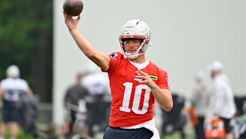 Jun 9, 2025; Foxborough, MA, USA; New England Patriots quarterback Drake Maye (10) throws a pass during minicamp at Gillette Stadium. Mandatory Credit: Eric Canha-Imagn Images