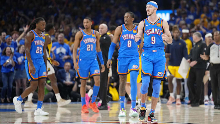 Jun 22, 2025; Oklahoma City, Oklahoma, USA; Oklahoma City Thunder guard Alex Caruso (9) reacts after a play against the Indiana Pacers during the second half of game seven of the 2025 NBA Finals at Paycom Center. Mandatory Credit: Kyle Terada-Imagn Images